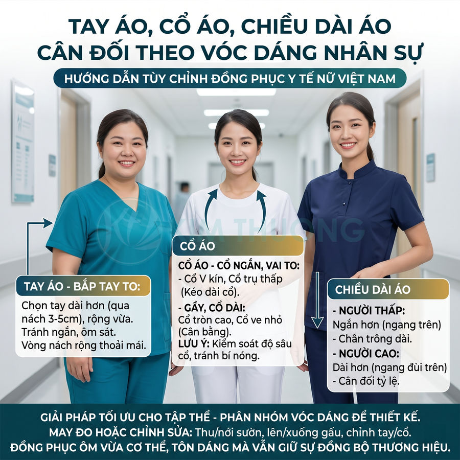 Ba nữ nhân viên y tế mặc đồng phục bệnh viện màu xanh và trắng đứng trong hành lang bệnh viện