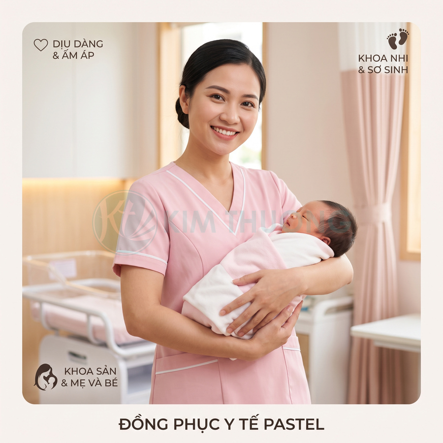 Đồng phục y tá màu hồng pastel cho khoa nhi và sơ sinh, thiết kế cổ tim tay ngắn hiện đại