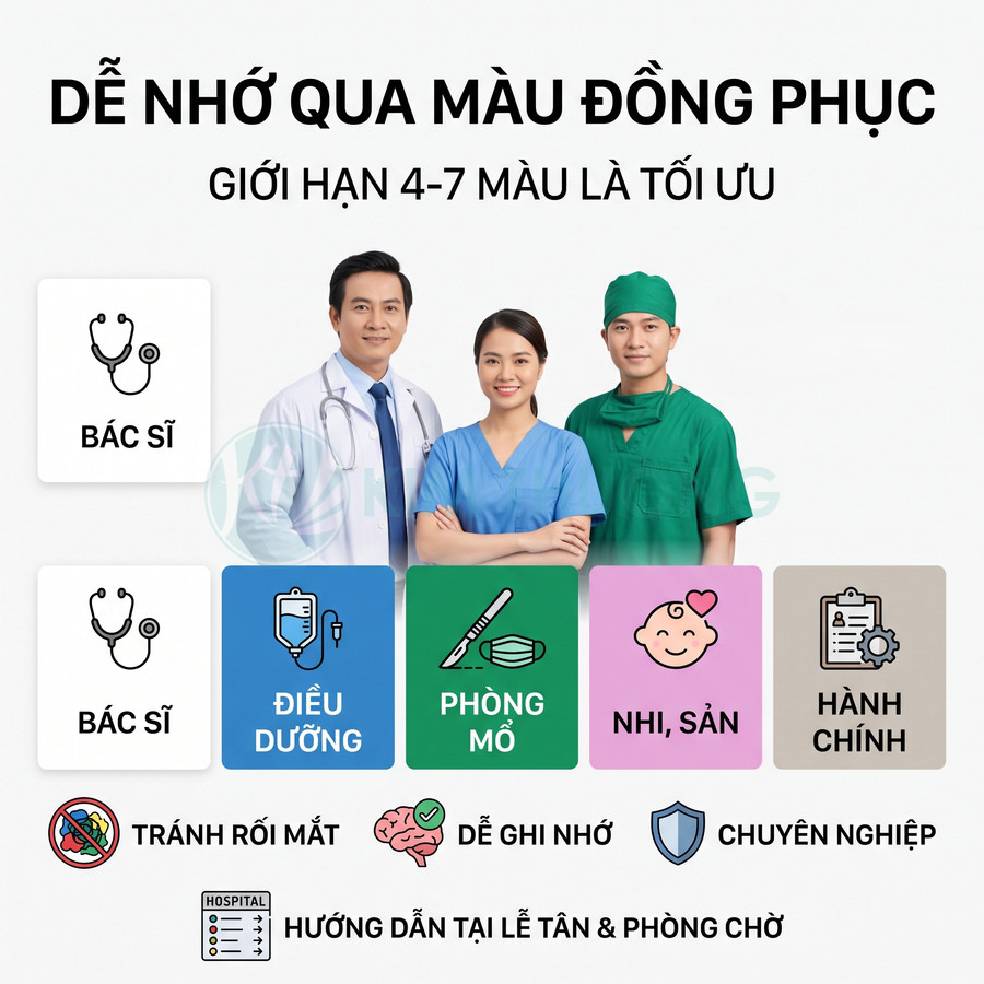 Nhân viên y tế mặc đồng phục bác sĩ, điều dưỡng, phòng mổ nhiều màu giúp phân biệt khoa trong bệnh viện