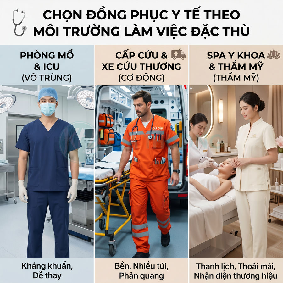 Các mẫu đồng phục y tế cho phòng mổ, cấp cứu và spa thẩm mỹ với thiết kế phù hợp từng môi trường làm việc