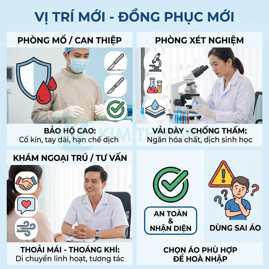 Hình ảnh giới thiệu các loại đồng phục y tế mới cho phòng mổ, xét nghiệm, khám tư vấn và lưu ý chọn áo phù hợp