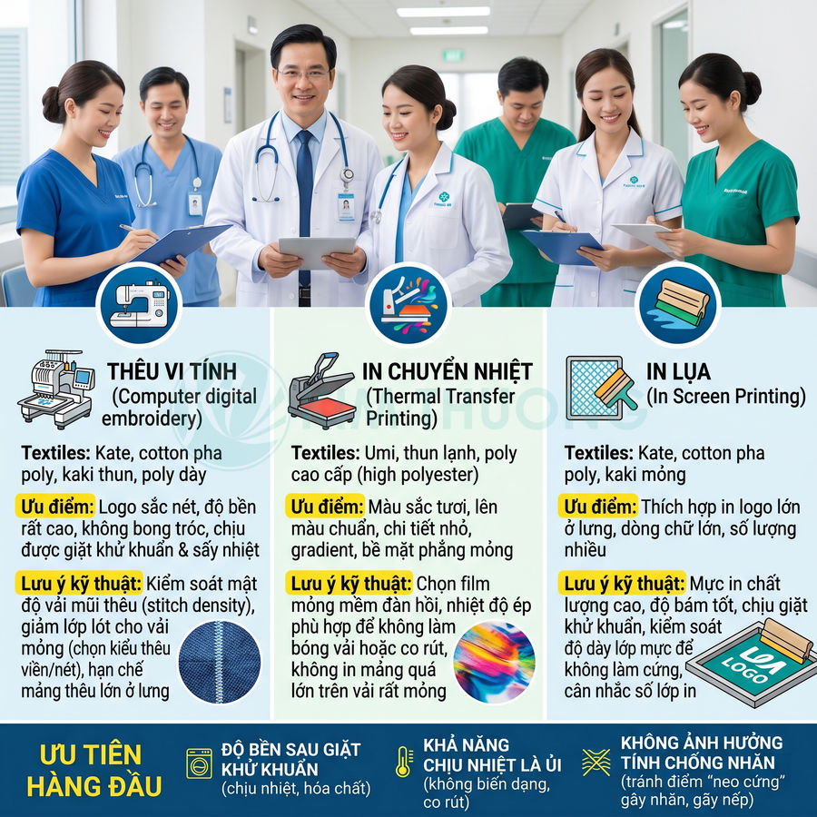 Bảng so sánh các phương pháp in thêu logo trên đồng phục y tế cho đội ngũ bác sĩ và y tá