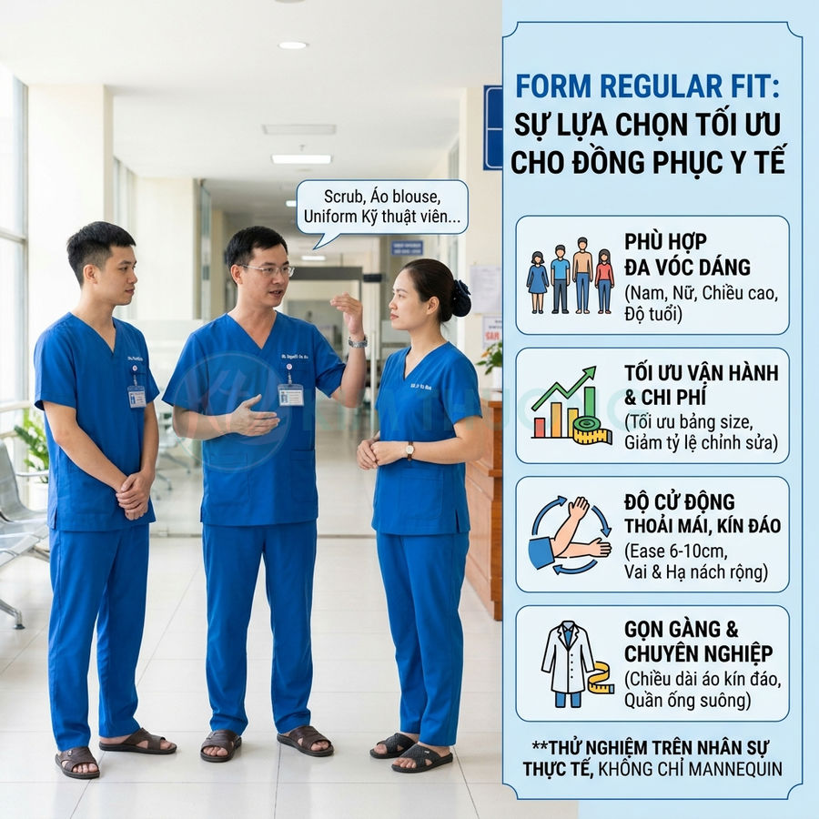 Bộ đồng phục y tế form regular fit màu xanh dương cho bác sĩ và điều dưỡng trong bệnh viện