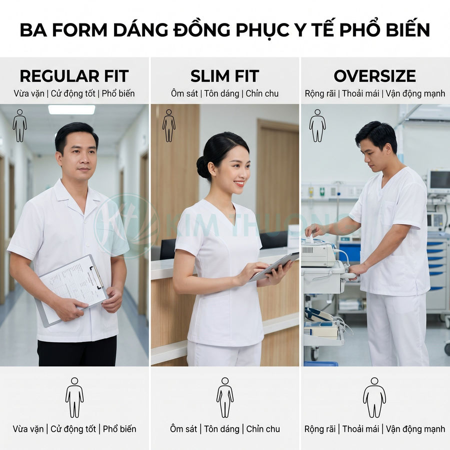 Ba kiểu đồng phục y tế trắng regular fit slim fit oversize cho bác sĩ và y tá trong bệnh viện