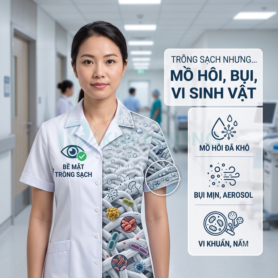 Áo blouse y tế trông sạch nhưng chứa mồ hôi bụi vi khuẩn nấm trên sợi vải trong môi trường bệnh viện