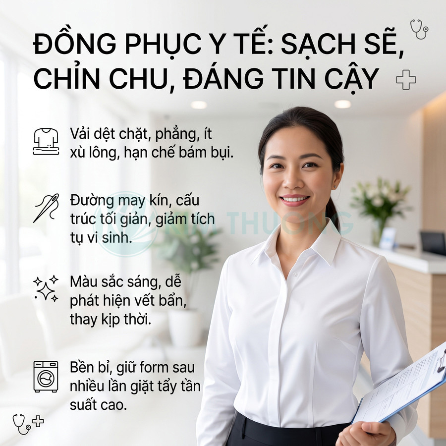 Nhân viên y tế mặc đồng phục sơ mi trắng sạch sẽ, cầm hồ sơ trong môi trường phòng khám hiện đại