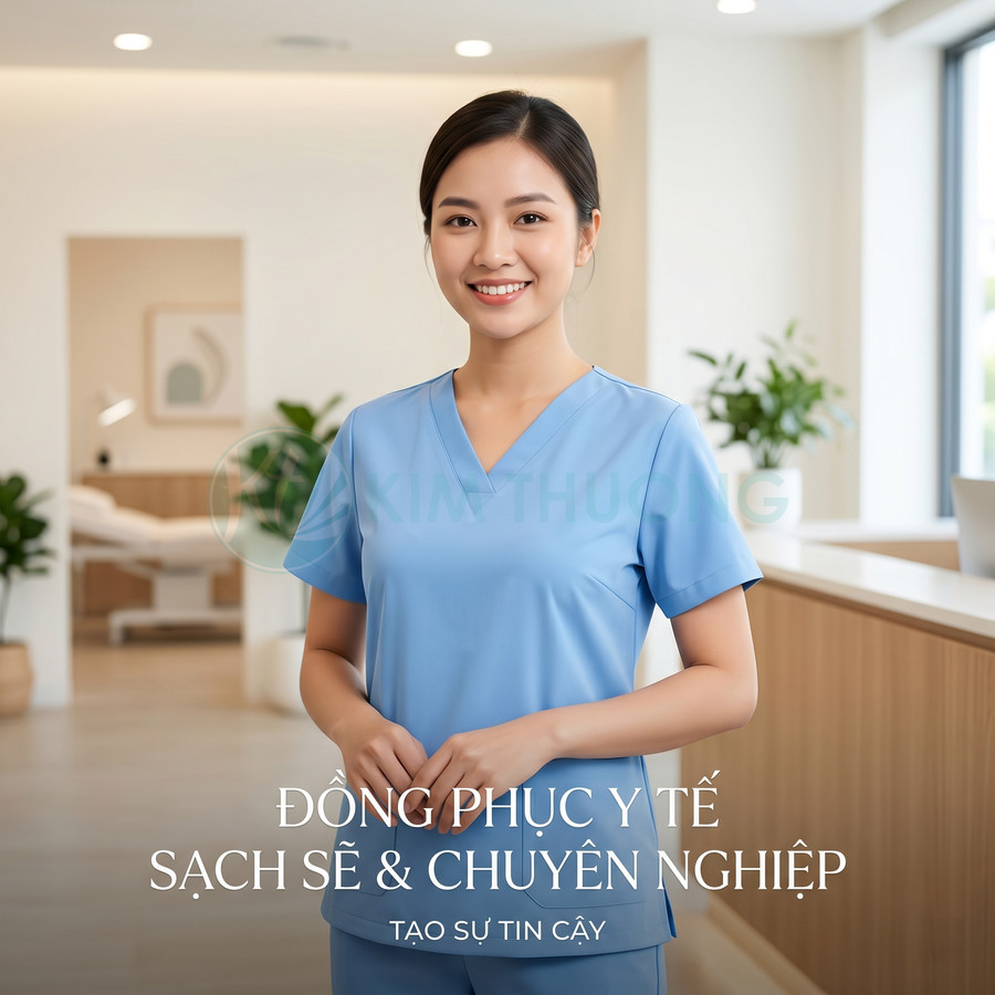 Nữ nhân viên y tế mặc đồng phục scrub màu xanh dương đứng trong phòng khám hiện đại sạch sẽ