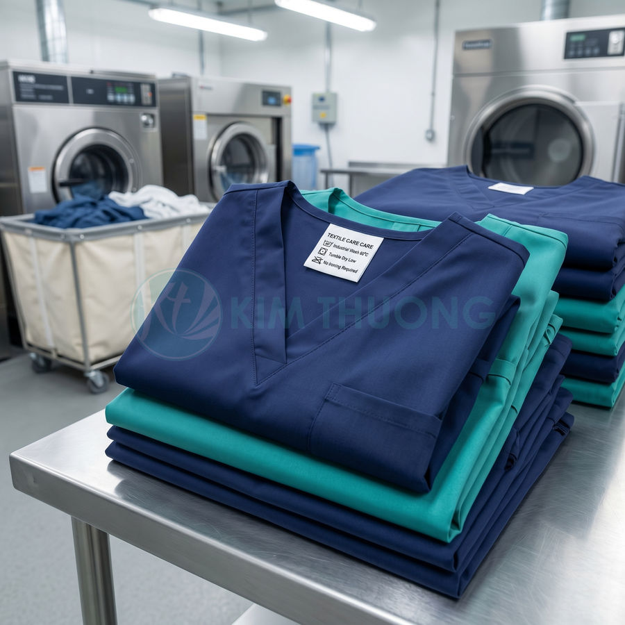 Đồng phục y tế màu xanh được gấp gọn gàng trên bàn inox trong phòng giặt là công nghiệp