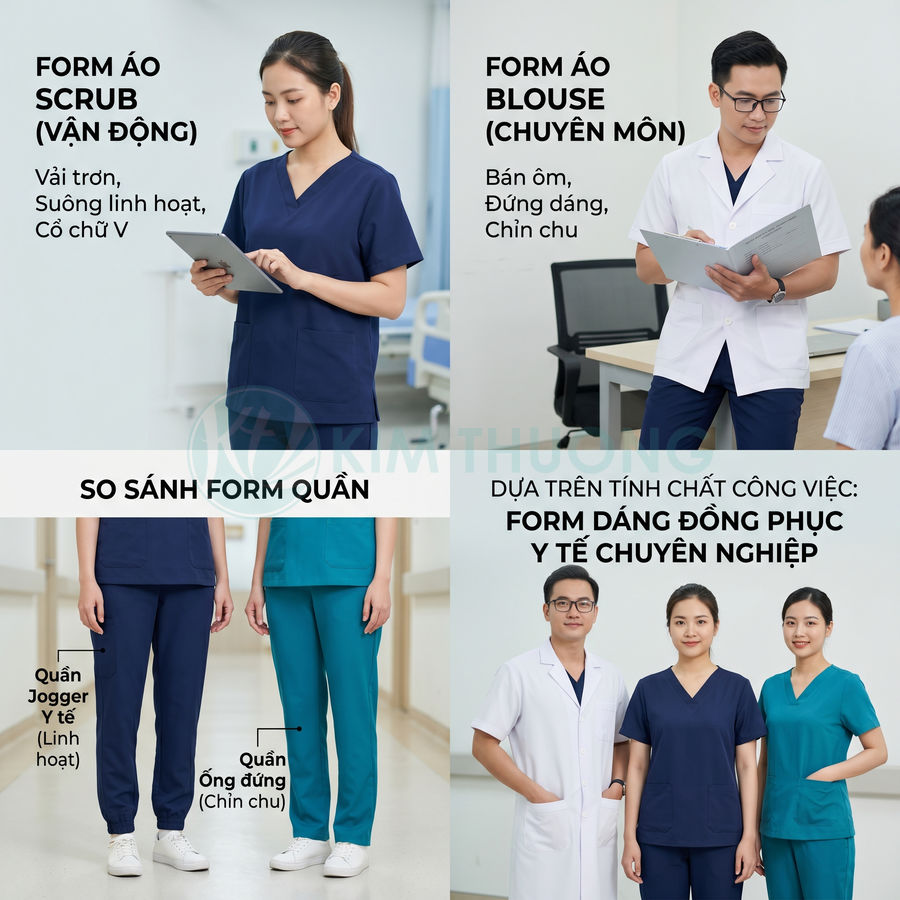 Nhân viên y tế mặc đồng phục scrub và blouse nhiều màu, so sánh form áo quần jogger và quần ống đứng trong bệnh viện