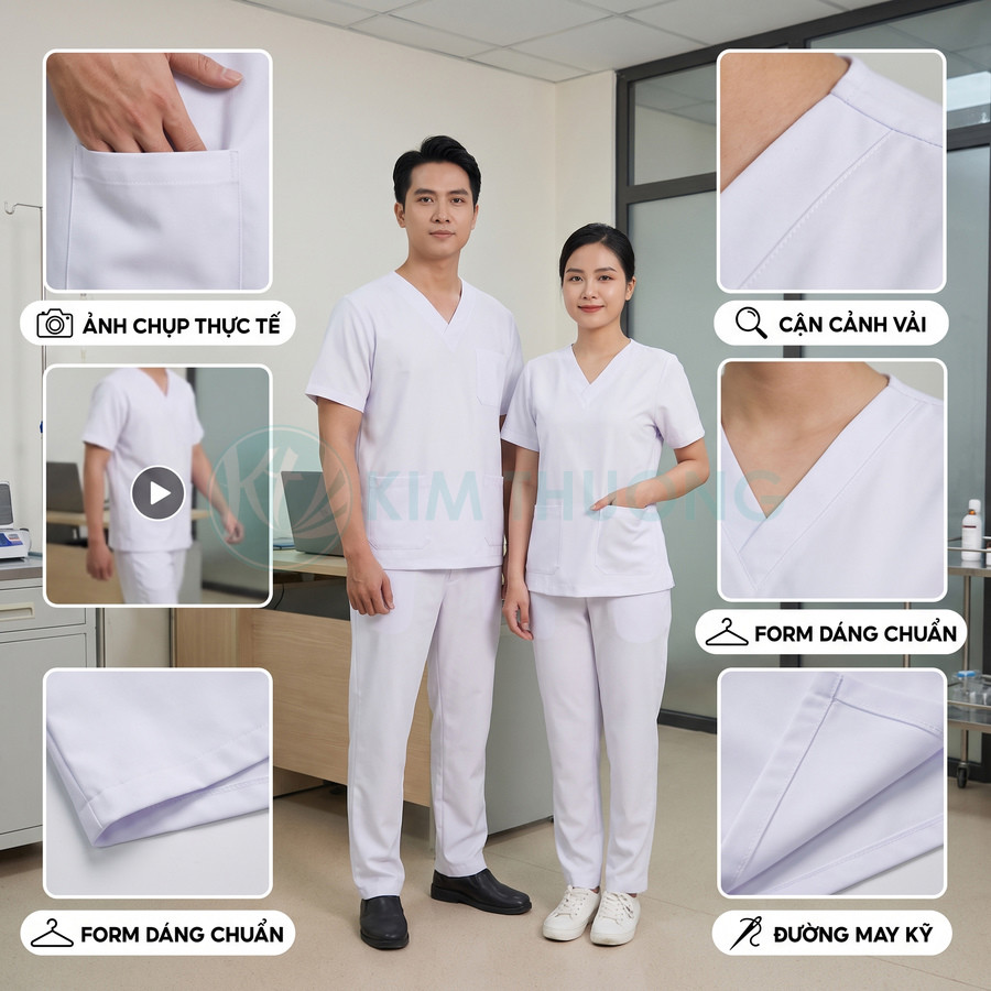 Bộ đồng phục y tế màu trắng gồm áo cổ chữ V và quần dài, có túi tiện dụng và đường may chắc chắn