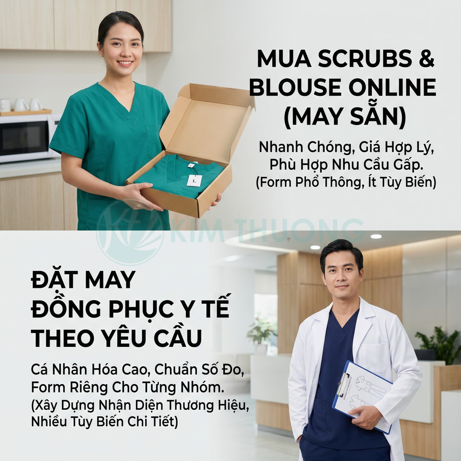 Đồng phục y tế may sẵn và đặt may theo yêu cầu với mẫu scrub xanh và áo blouse trắng cho bác sĩ, y tá