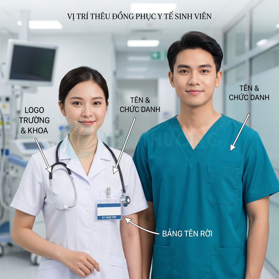 Đồng phục y tế sinh viên với áo blouse trắng, scrub xanh và vị trí thêu logo, tên, chức danh, bảng tên rời