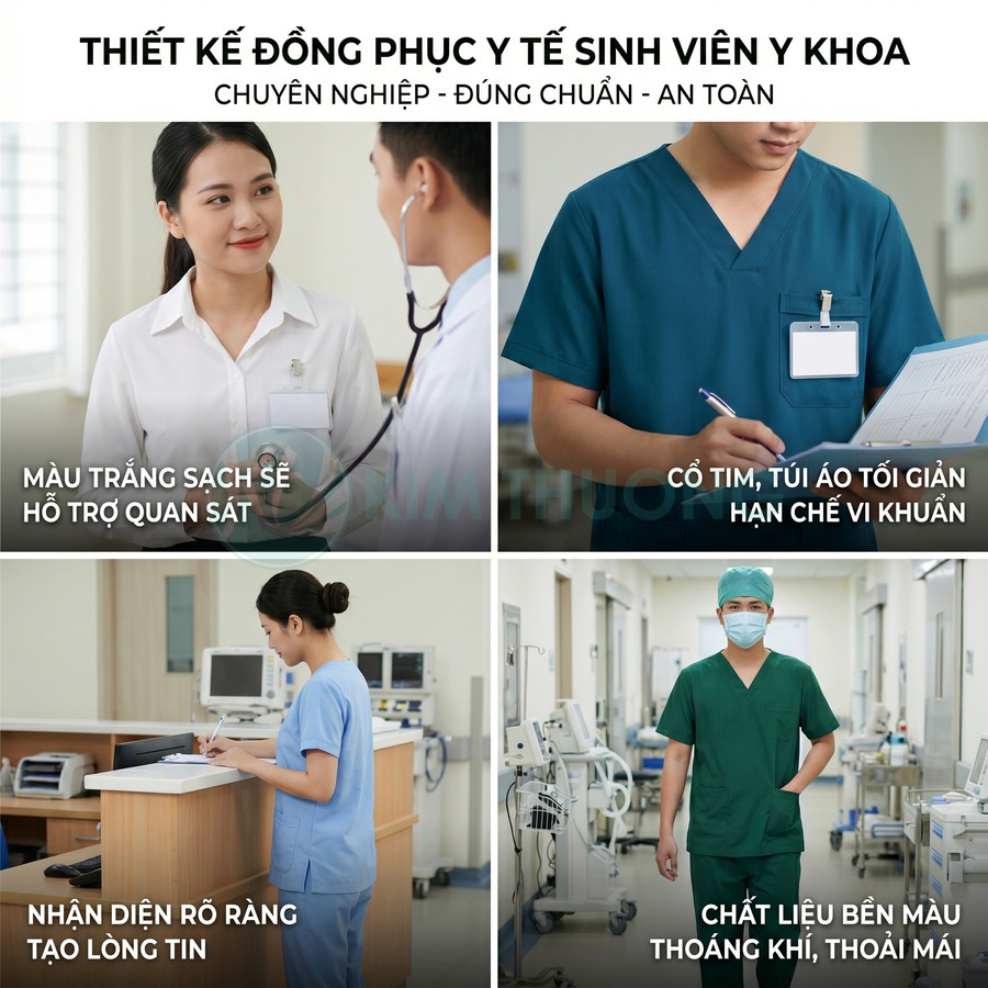Đồng phục y tế sinh viên y khoa nhiều màu sắc, thiết kế đơn giản, thoáng khí, phù hợp môi trường bệnh viện