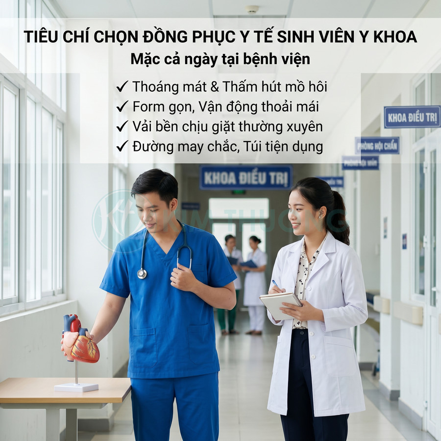 Đồng phục y tế sinh viên y khoa với áo blouse trắng và đồ scrubs xanh dương trong hành lang bệnh viện