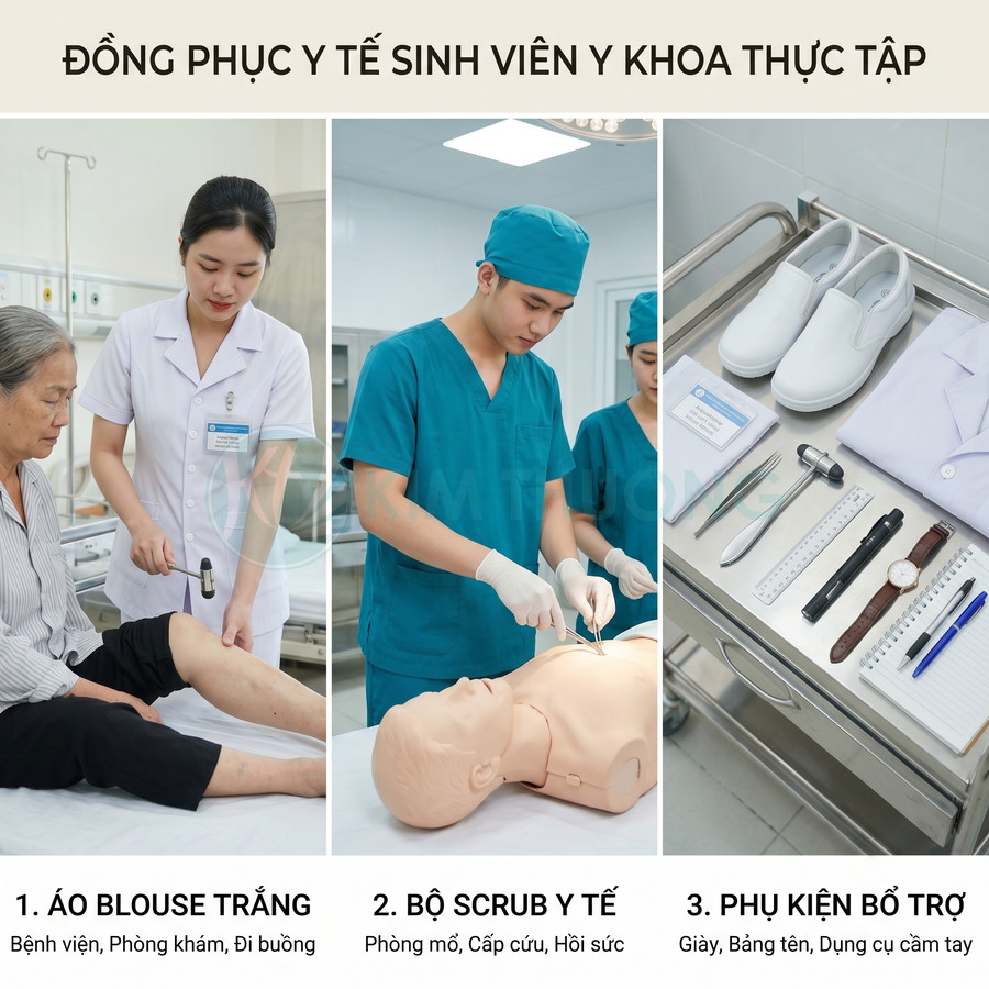Đồng phục y tế sinh viên y khoa thực tập gồm áo blouse trắng, bộ scrub xanh và phụ kiện giày, bút, đồng hồ