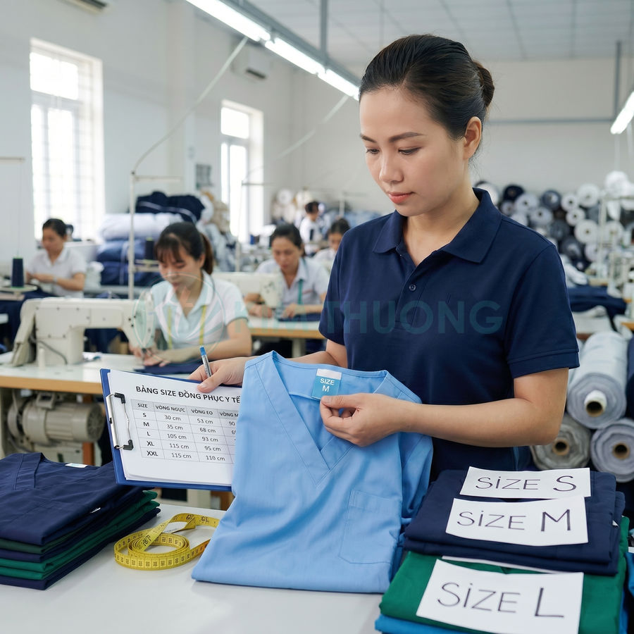 Nhân viên kiểm tra size áo đồng phục y tế màu xanh tại xưởng may chuyên sản xuất đồ bệnh viện