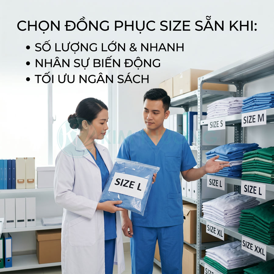 Nhân viên y tế chọn đồng phục bệnh viện size L trên kệ nhiều size S M L XL XXL