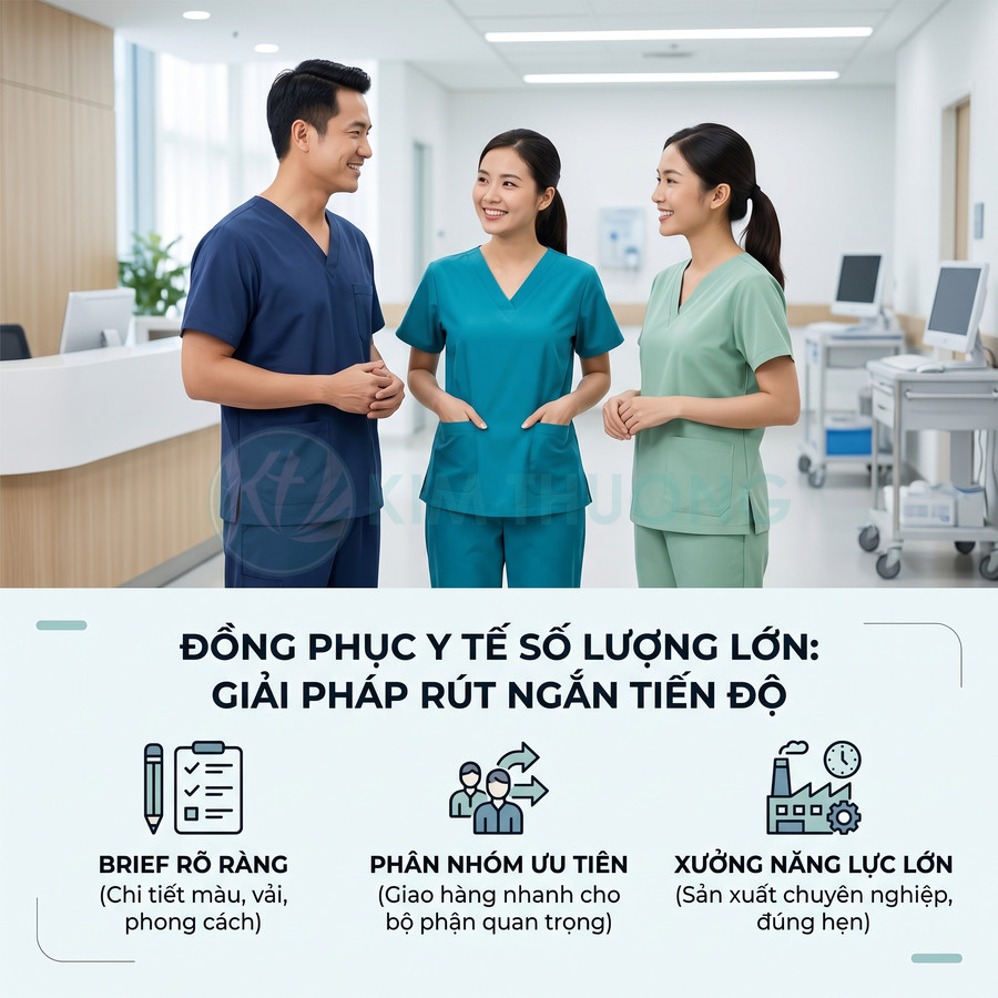 Đồng phục y tế màu xanh cho bác sĩ y tá, giải pháp may số lượng lớn rút ngắn tiến độ sản xuất