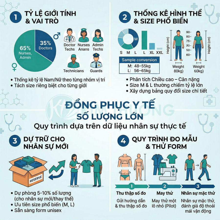 Infographic quy trình đặt may đồng phục y tế số lượng lớn theo số đo và size nhân sự