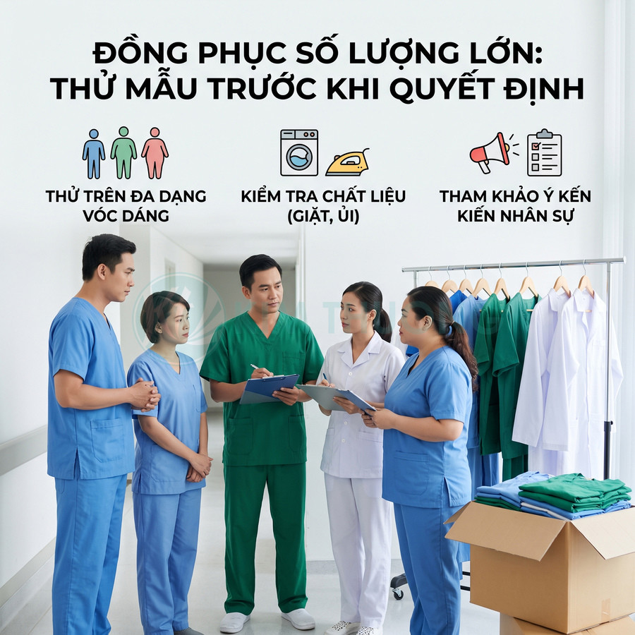 Nhân viên y tế mặc thử đồng phục bệnh viện nhiều màu, trao đổi trước giá kệ treo áo và thùng đồng phục mới