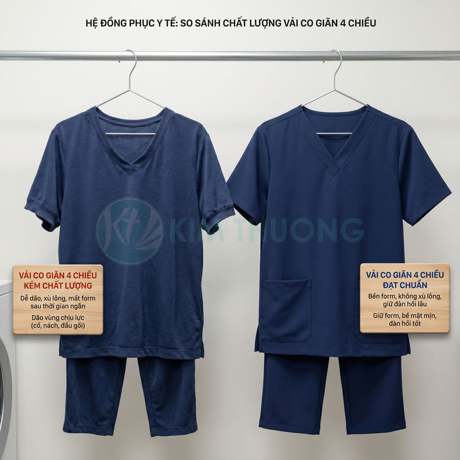 So sánh hai bộ đồng phục y tế màu xanh navy, một bộ vải co giãn kém chất lượng và một bộ vải co giãn đạt chuẩn