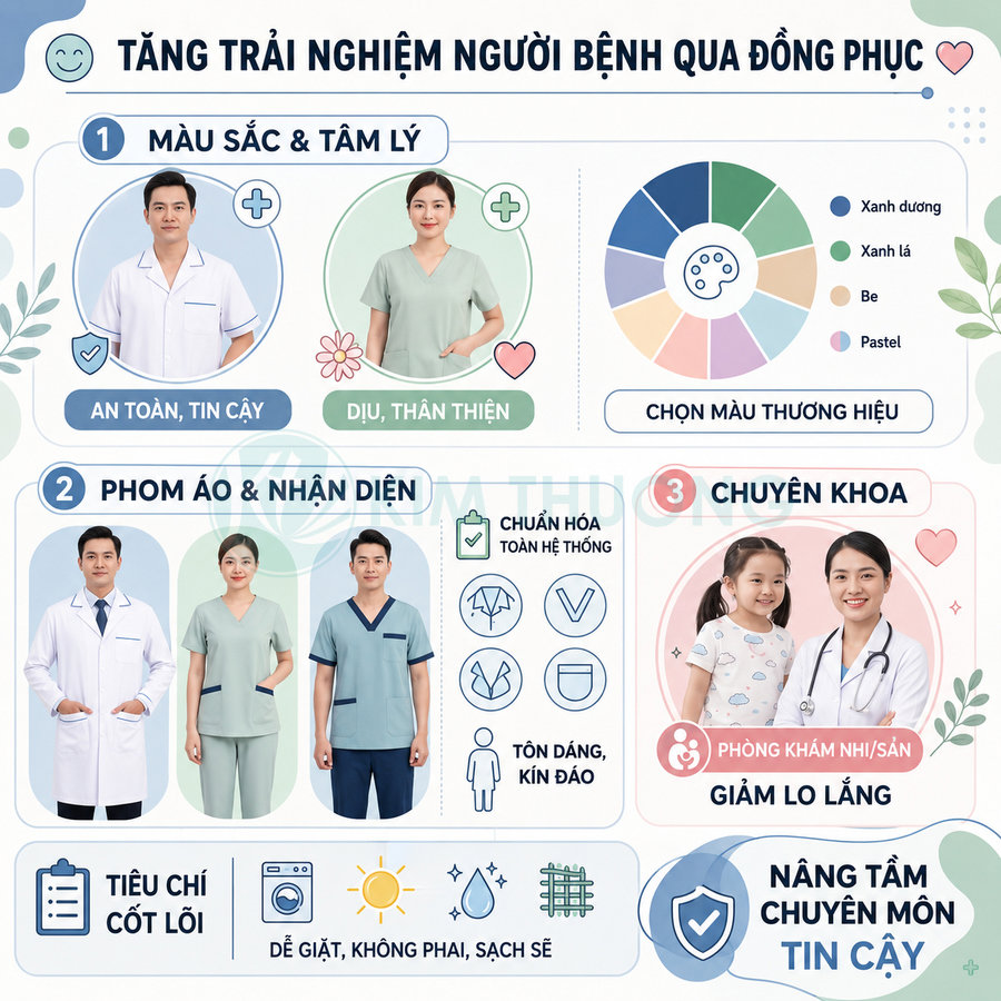 Đồng phục y tá và bác sĩ màu xanh pastel và trắng, thiết kế kín đáo, thân thiện, tạo cảm giác an toàn tin cậy