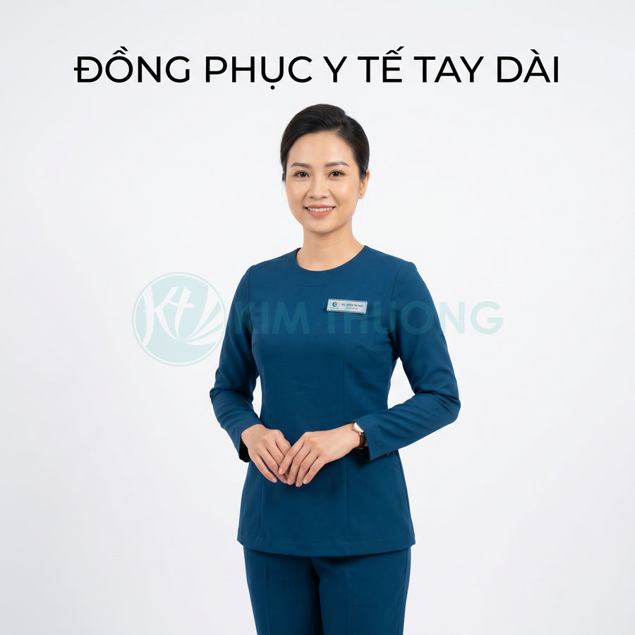 Đồng phục y tế tay dài màu xanh cho nữ nhân viên y tế đứng mỉm cười