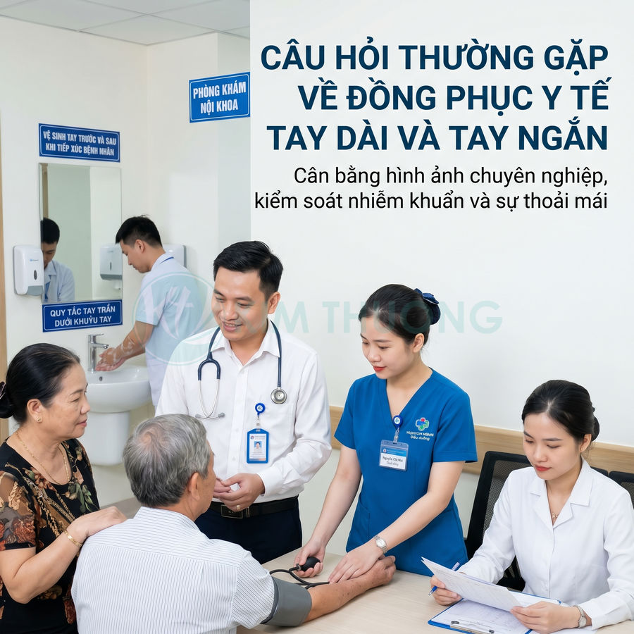 Bác sĩ và điều dưỡng mặc đồng phục y tế tay dài tay ngắn đang khám và đo huyết áp cho bệnh nhân cao tuổi