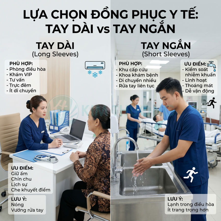 So sánh đồng phục y tế tay dài và tay ngắn, bác sĩ tư vấn bệnh nhân và bác sĩ rửa tay trong bệnh viện