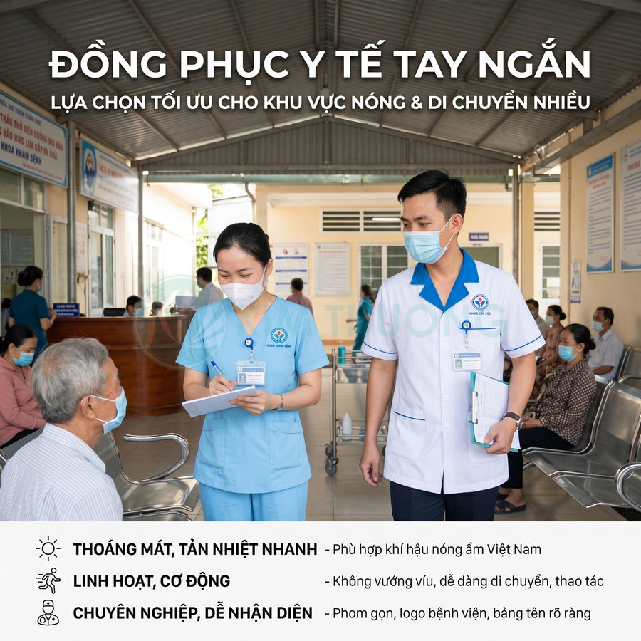 Đồng phục y tế tay ngắn màu xanh và trắng cho bác sĩ, y tá tại bệnh viện, thoáng mát dễ di chuyển