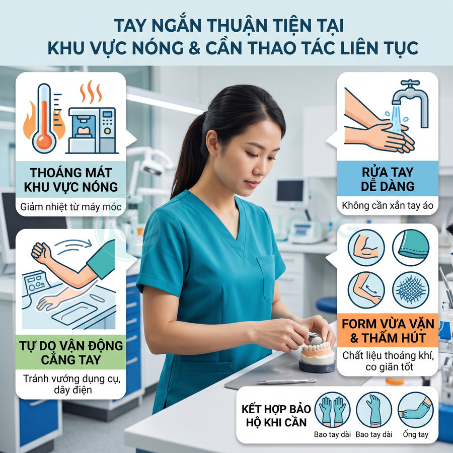 Đồng phục y tế tay ngắn màu xanh cho nhân viên phòng khám, chất liệu thoáng mát dễ vận động và kết hợp găng tay, khẩu trang