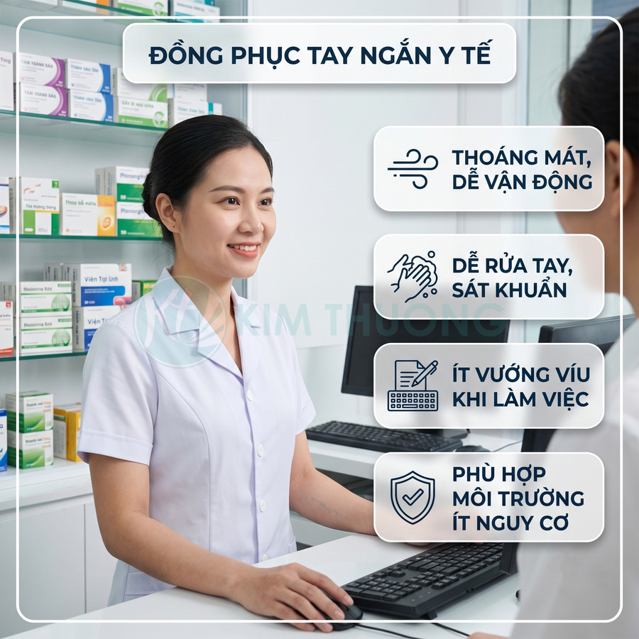 Nhân viên y tế mặc đồng phục tay ngắn màu trắng tư vấn cho khách tại quầy thuốc