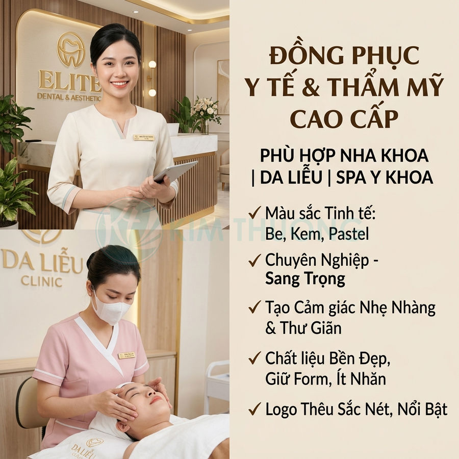 Đồng phục y tế thẩm mỹ cao cấp màu be và hồng pastel cho nha khoa, spa, da liễu, thiết kế sang trọng chuyên nghiệp