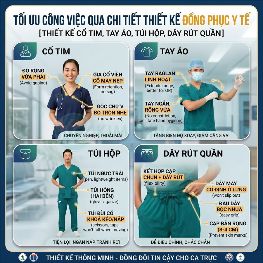 Đồng phục y tế màu xanh thiết kế cổ tim, tay áo linh hoạt, nhiều túi và dây rút quần tiện lợi cho bác sĩ, y tá