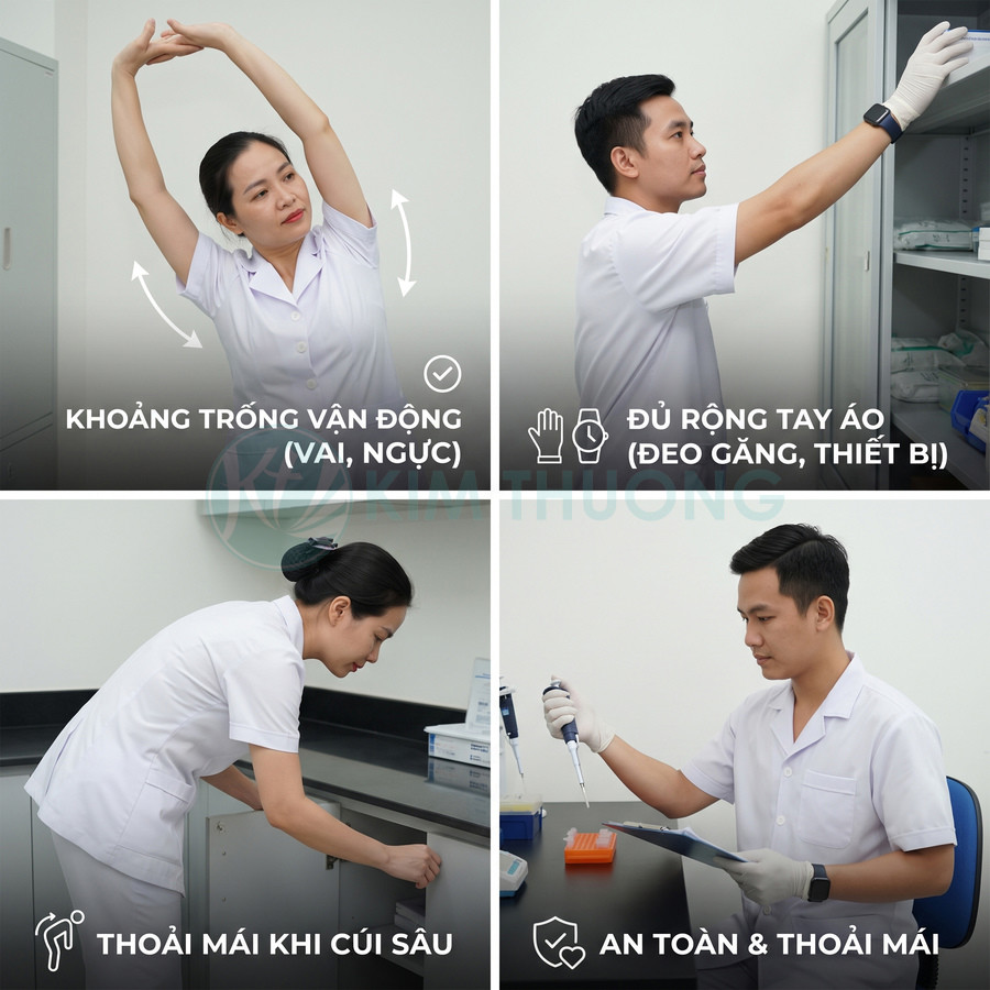 Đồng phục y tế tay ngắn màu trắng thoải mái khi giơ tay, cúi người và thao tác thiết bị y tế