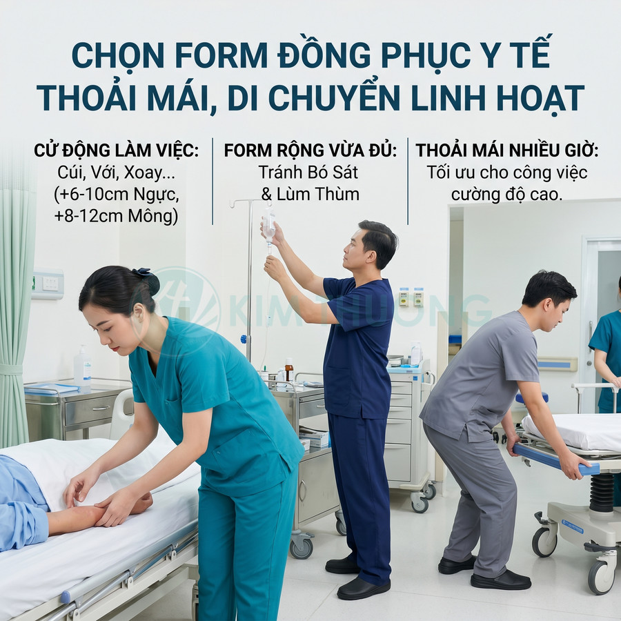 Nhân viên y tế mặc đồng phục bệnh viện thoải mái, linh hoạt khi chăm sóc và di chuyển bệnh nhân
