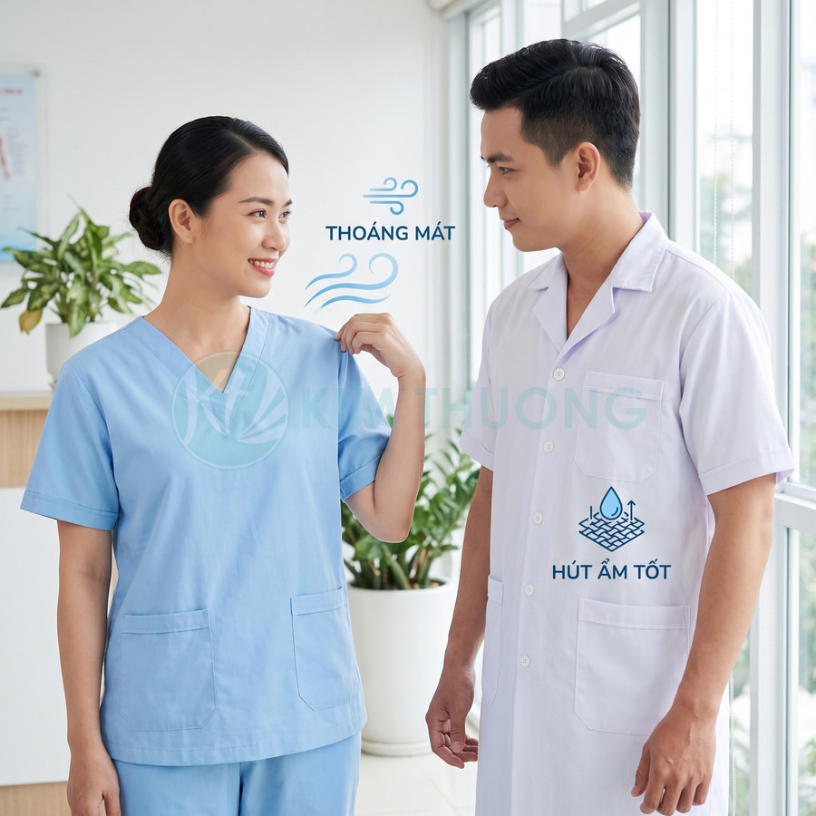 Bộ đồng phục y tế màu xanh nhạt và trắng, thiết kế thoáng mát và hút ẩm tốt