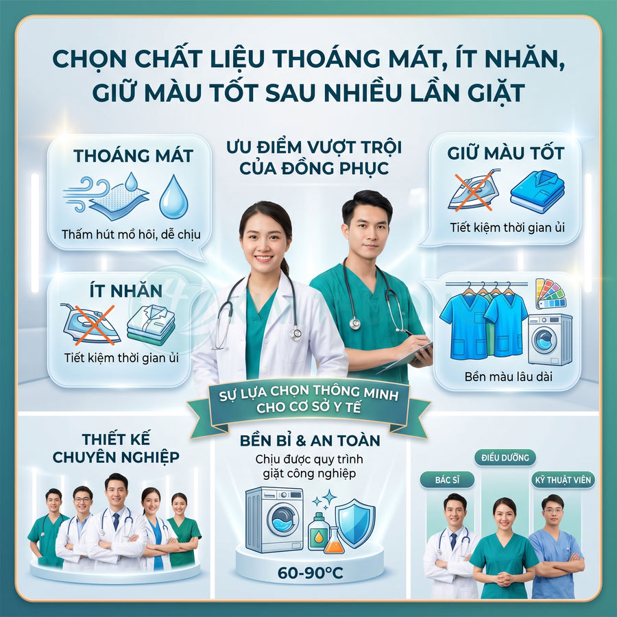 Đồng phục y tế thoáng mát ít nhăn giữ màu tốt, thiết kế chuyên nghiệp cho bác sĩ điều dưỡng kỹ thuật viên