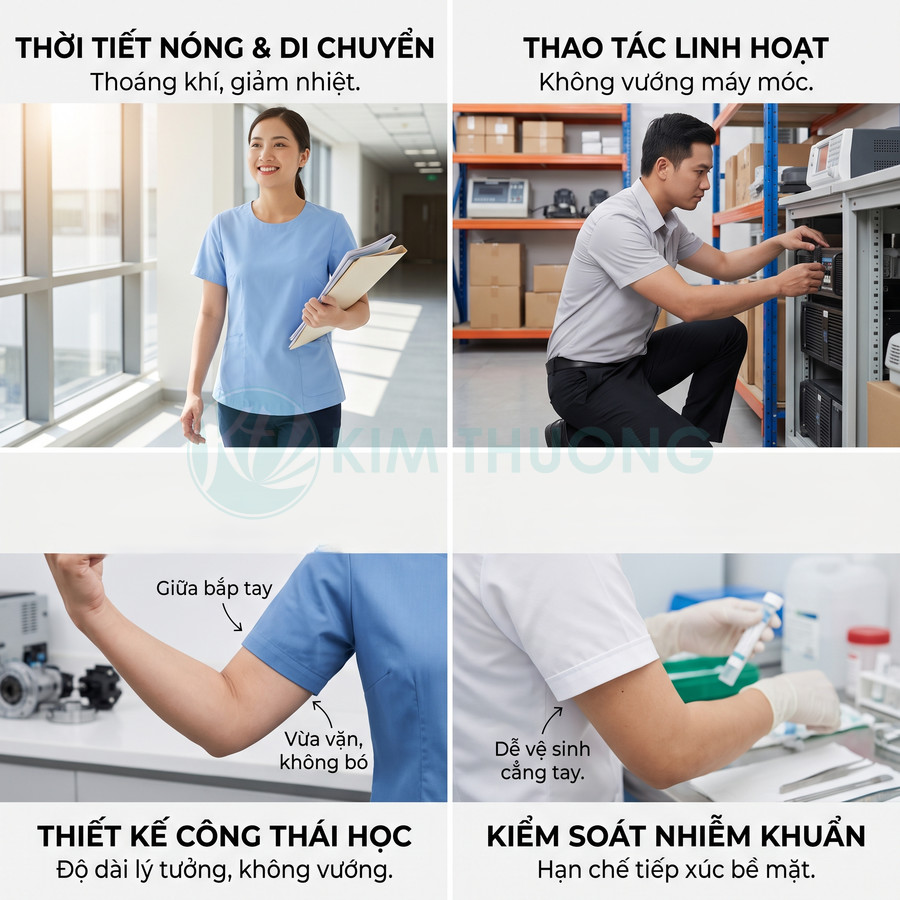 Đồng phục y tế tay lửng màu xanh và xám cho nhân viên bệnh viện, thiết kế thoáng mát dễ vận động