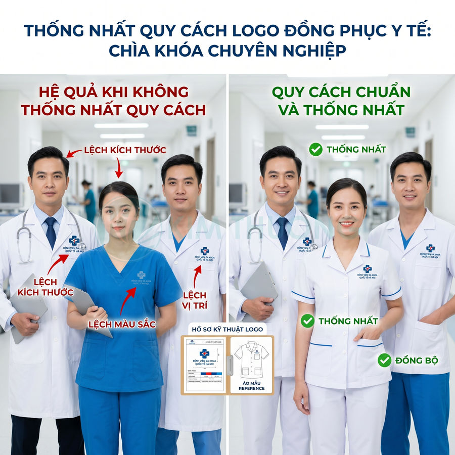 Nhóm bác sĩ y tá mặc đồng phục y tế so sánh logo in lệch và logo in chuẩn thống nhất