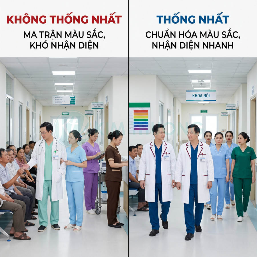 So sánh đồng phục y tá bác sĩ không thống nhất và thống nhất màu sắc trong hành lang bệnh viện