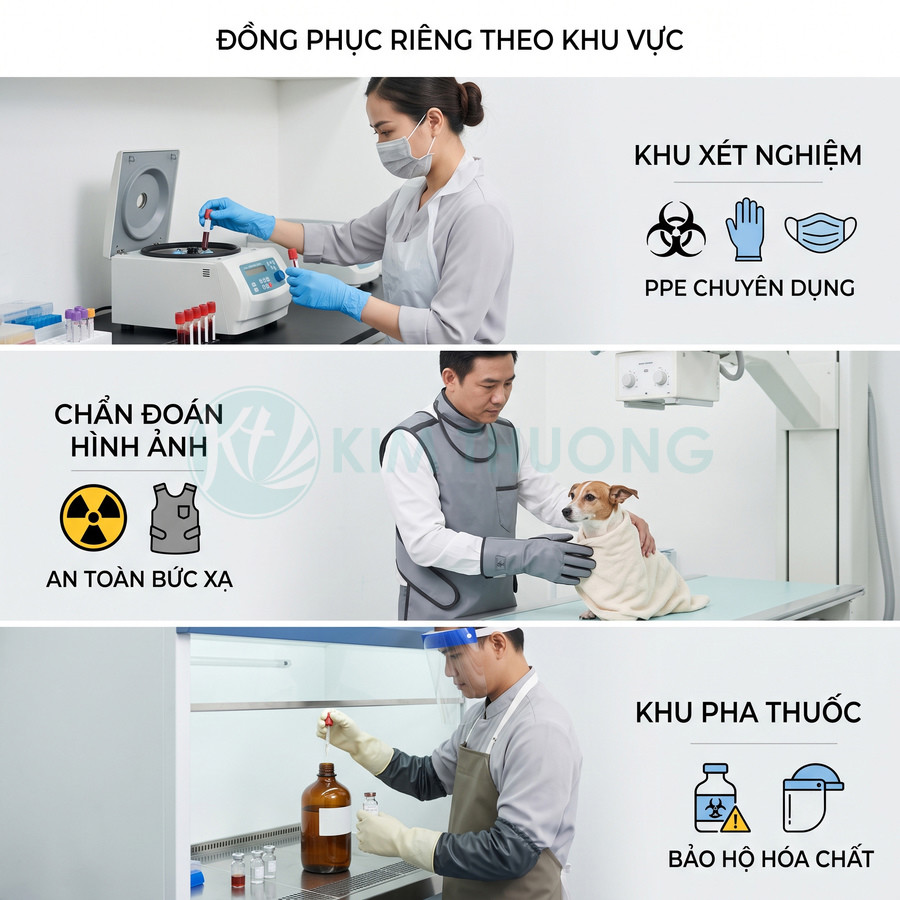 Nhân viên thú y mặc đồng phục bảo hộ chuyên dụng trong phòng xét nghiệm, chẩn đoán hình ảnh và khu pha thuốc