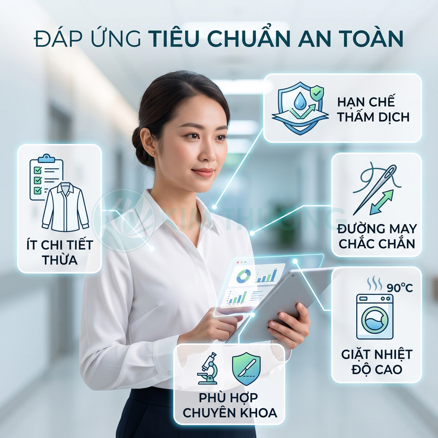 Nhân viên y tế mặc áo blouse trắng đạt chuẩn an toàn, ít chi tiết thừa, đường may chắc, giặt nhiệt độ cao, phù hợp chuyên khoa