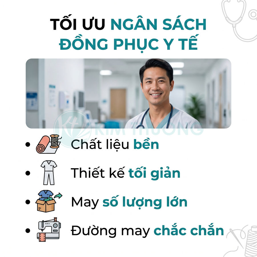 Banner quảng cáo đồng phục y tế với bác sĩ mặc áo blouse, nêu ưu điểm chất liệu bền, thiết kế tối giản, may số lượng lớn