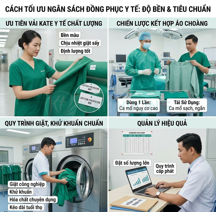 Nhân viên y tế sử dụng và quản lý đồng phục bệnh viện màu xanh, quy trình giặt khử khuẩn và cấp phát tiêu chuẩn