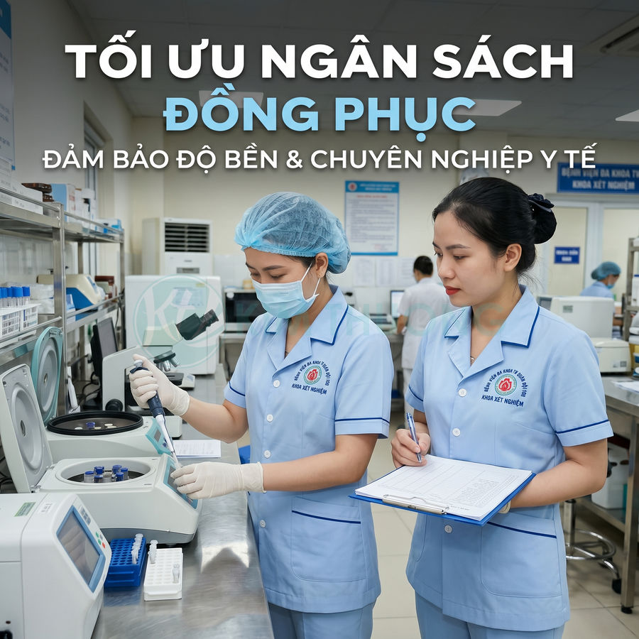 Đồng phục y tế màu xanh nhạt cho nhân viên xét nghiệm trong phòng lab bệnh viện