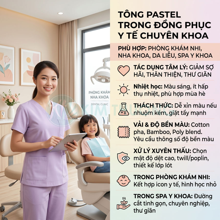 Nữ nha sĩ mặc đồng phục y tế màu tím pastel cầm tablet bên ghế nha khoa với bệnh nhi mỉm cười