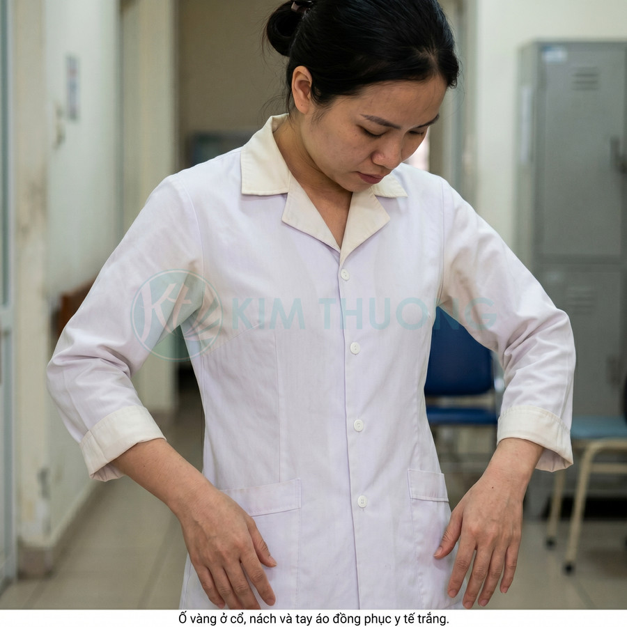 Đồng phục y tế trắng bị ố vàng ở cổ tay và nách khi nhân viên y tế đang đứng trong phòng khám