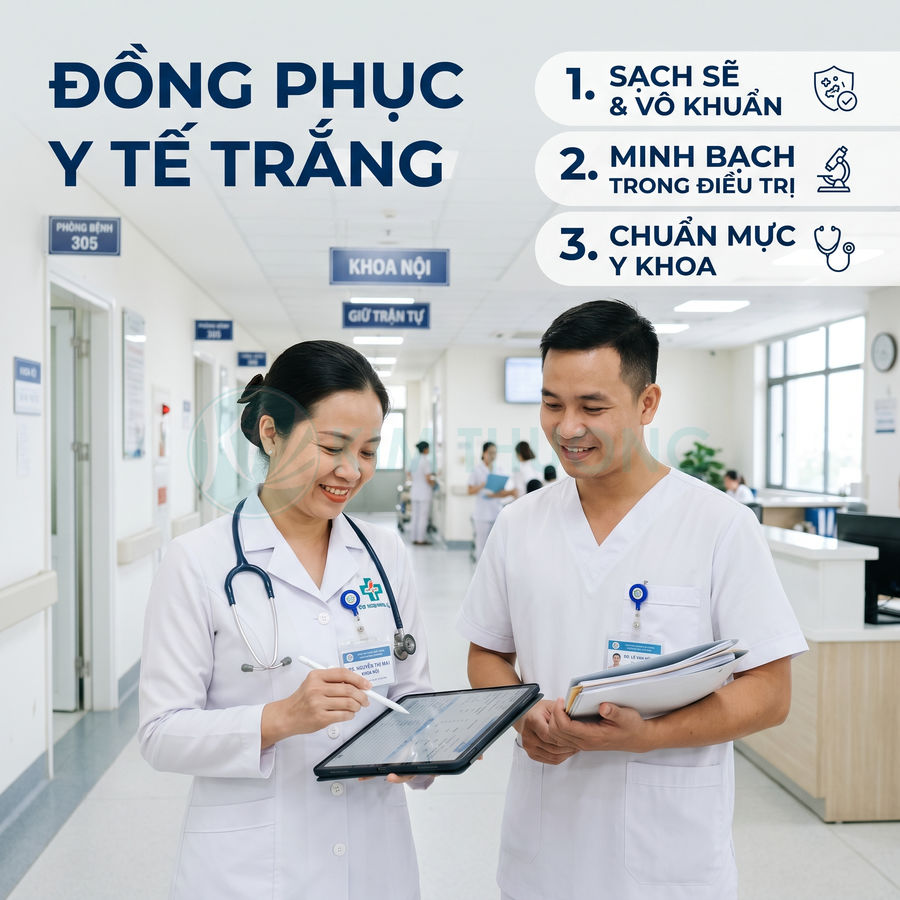 Bác sĩ và điều dưỡng mặc đồng phục y tế trắng trao đổi hồ sơ bệnh án bằng máy tính bảng trong bệnh viện