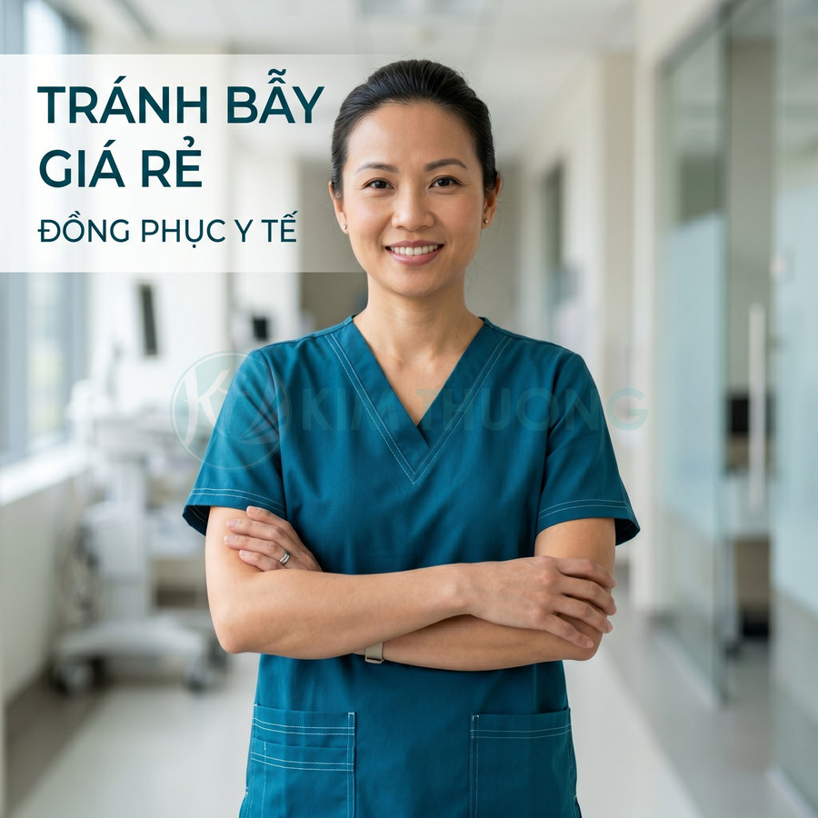 Nhân viên y tế mặc đồng phục y tế màu xanh đứng trong hành lang bệnh viện, tay khoanh trước ngực